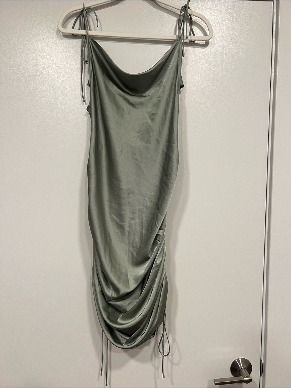 Sage Green Satin Cowl Mini Dress with Ruched Hem. Can lengthen.